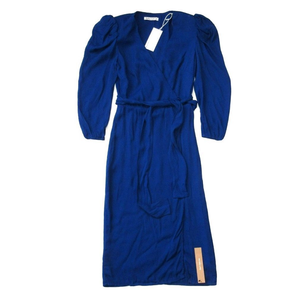 NWT Reformation Jaylee in Royal Blue Puff Sleeve Wrap Dress XS $248